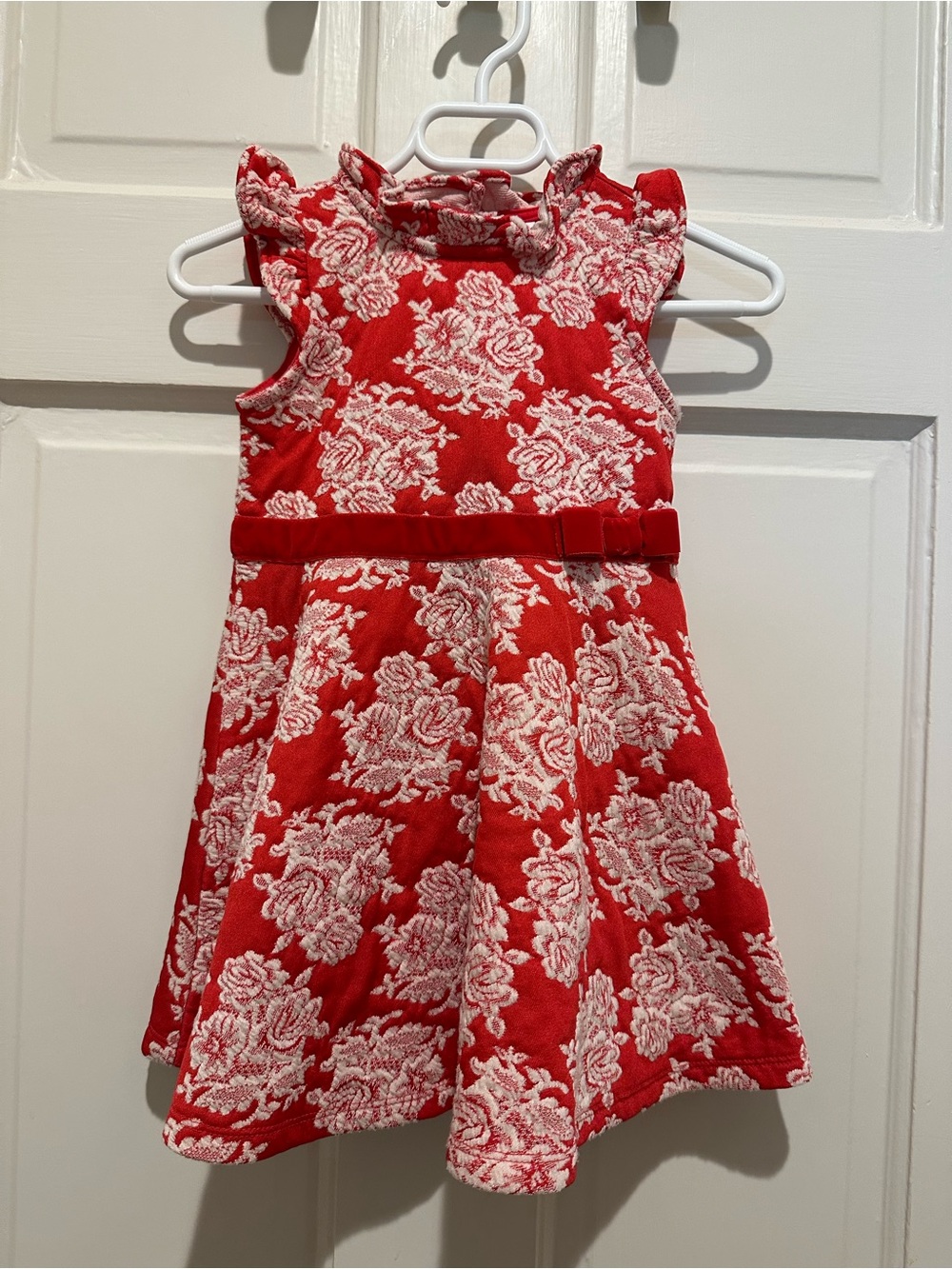 Janie and Jack Red and White Floral Textured Bow Waist Dress